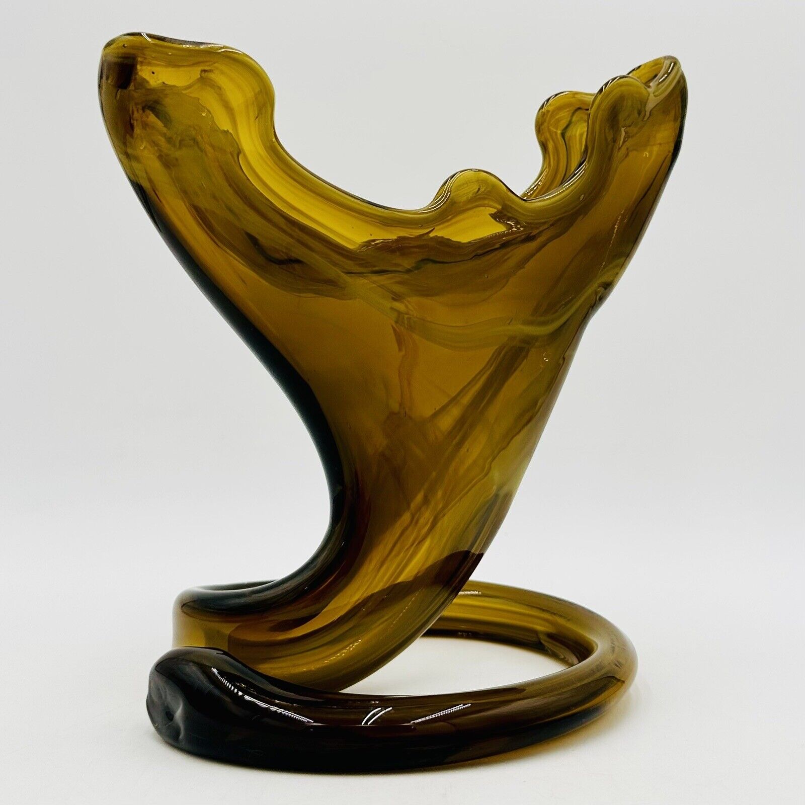 VTG HAND BLOWN Art Glass Tulip Trumpet Vase  Brown Swirl Coiled Base 9\
