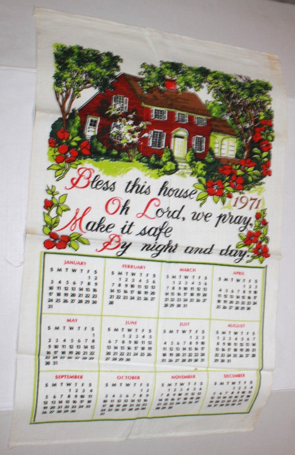 Linen Kitchen Calendar Towel 1971 Bless This House