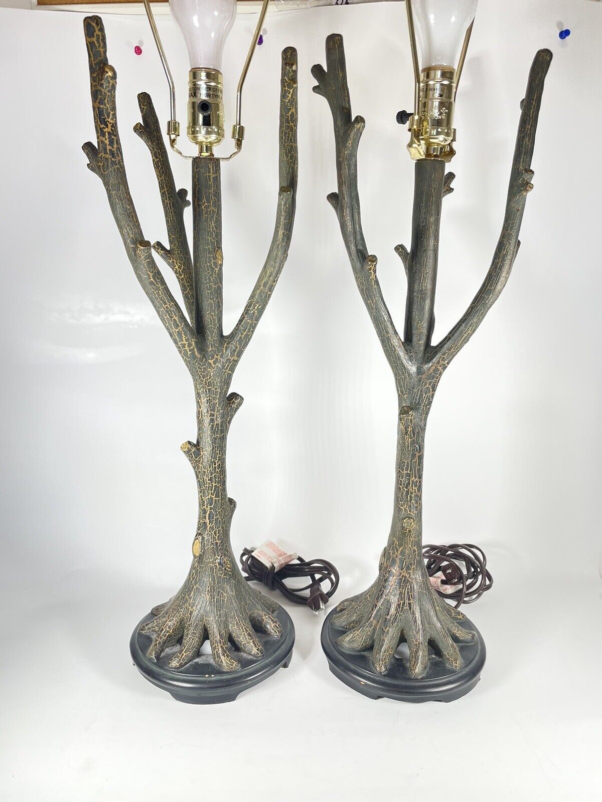 2 Antique Vintage Branches Tree Table Lamp Base Brown Black 32” (READ)
