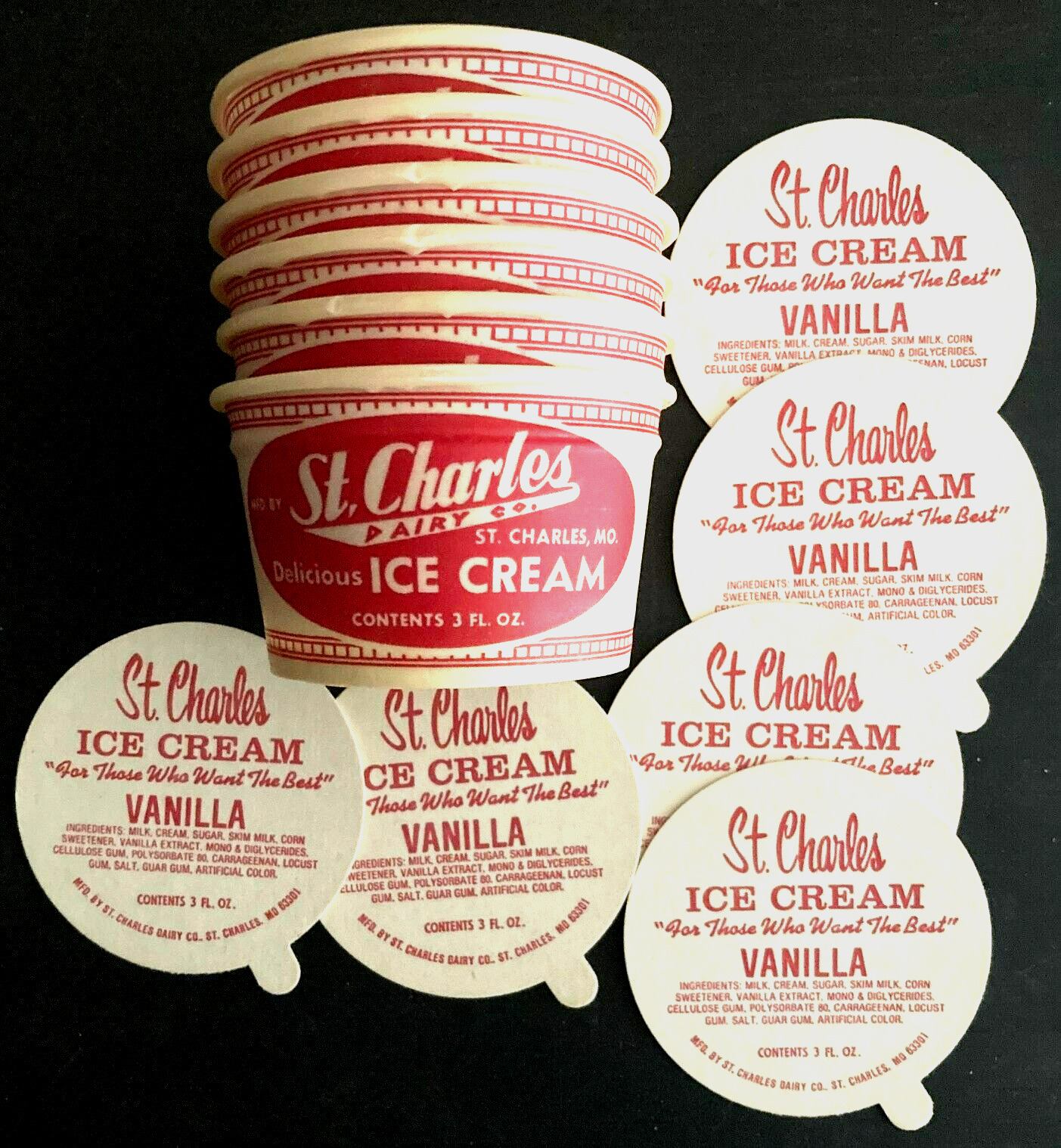 Vintage Lot of Six (6) 3 O/Z St. Charles Ice Cream Cups w/Lids \