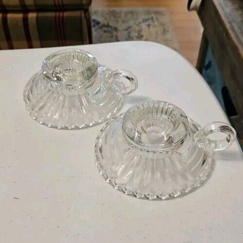 Art Deco Pattern vintage Clear glass Candlestick Holders