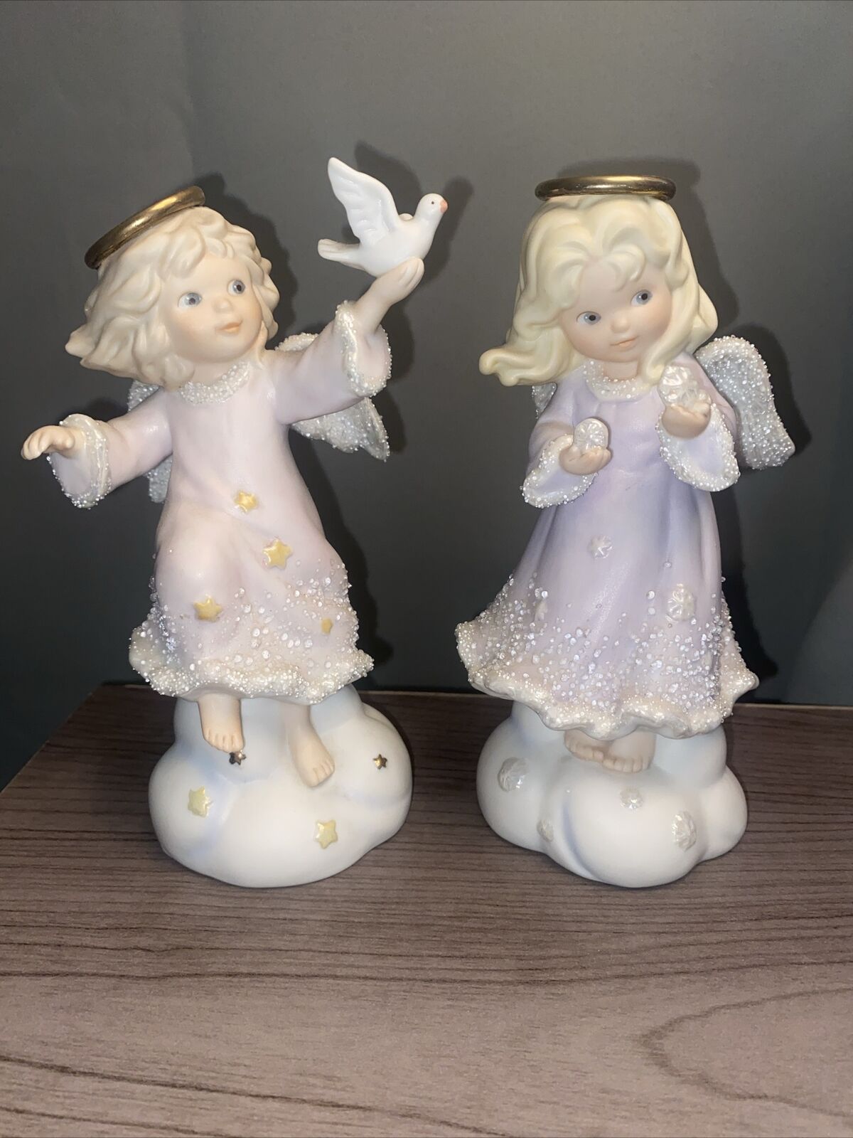 LOT OF 2 Vintage 1994 Enesco Corporation ANGEL WITH SNOWFLAKES & ANGEL WITH BIRD