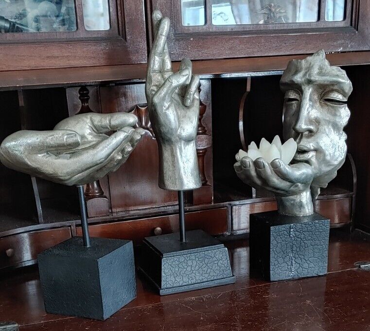 3 Unique floating Silver Hands/Face Sculptures - Candle Holders - Sold As A Lot.