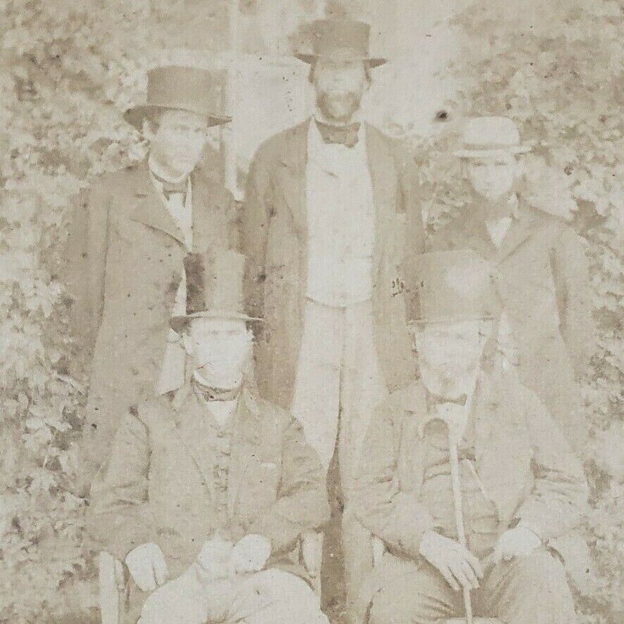 Civil War Era 1860s Men Top Hats Cane Garden Ivy Bow Tie Photo Stereoview D257