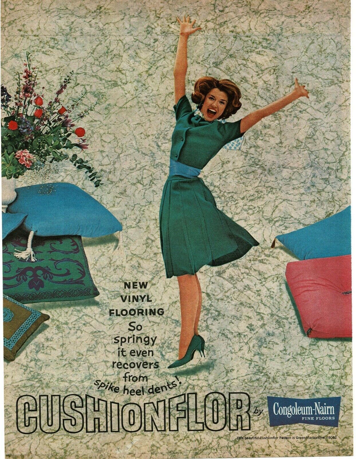 1963 CONGOLEUM Cushionflor Vinyl Flooring woman jumping for joy Vintage Print Ad