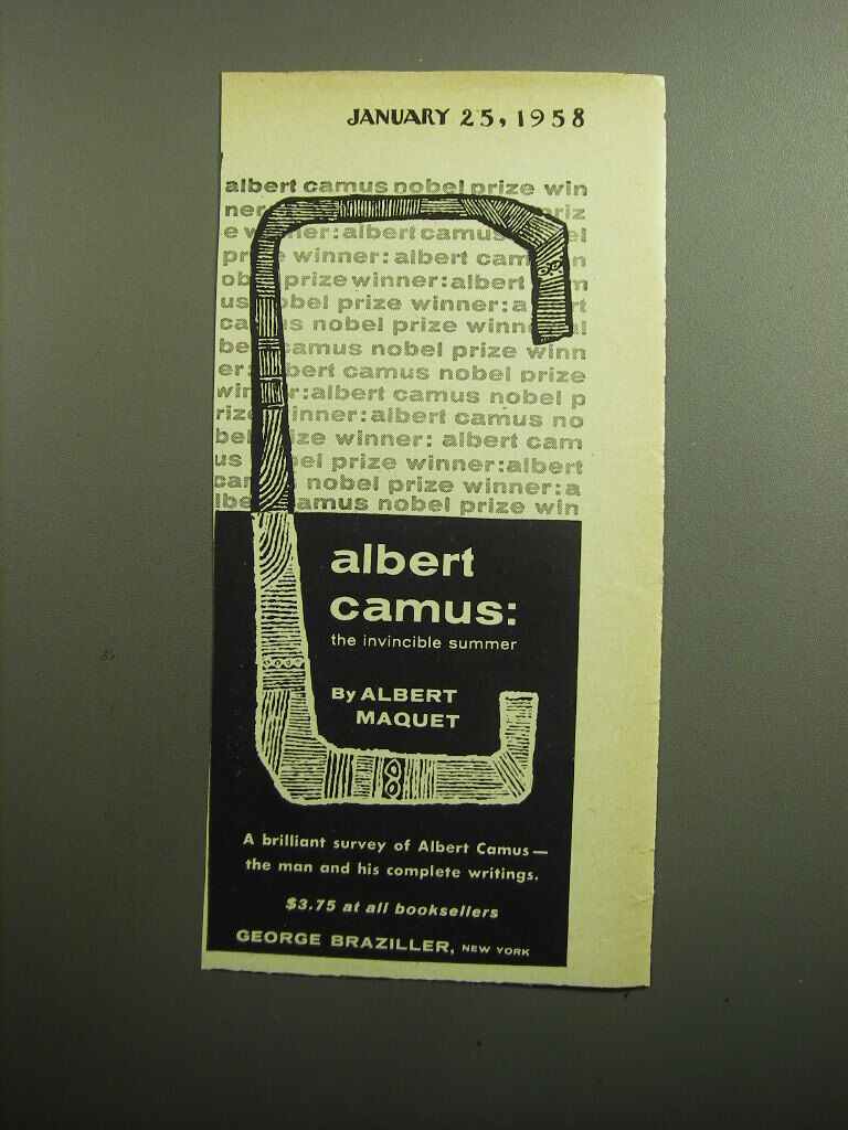 1958 George Braziller Book Advertisement - Albert Camus: The invincible Summer