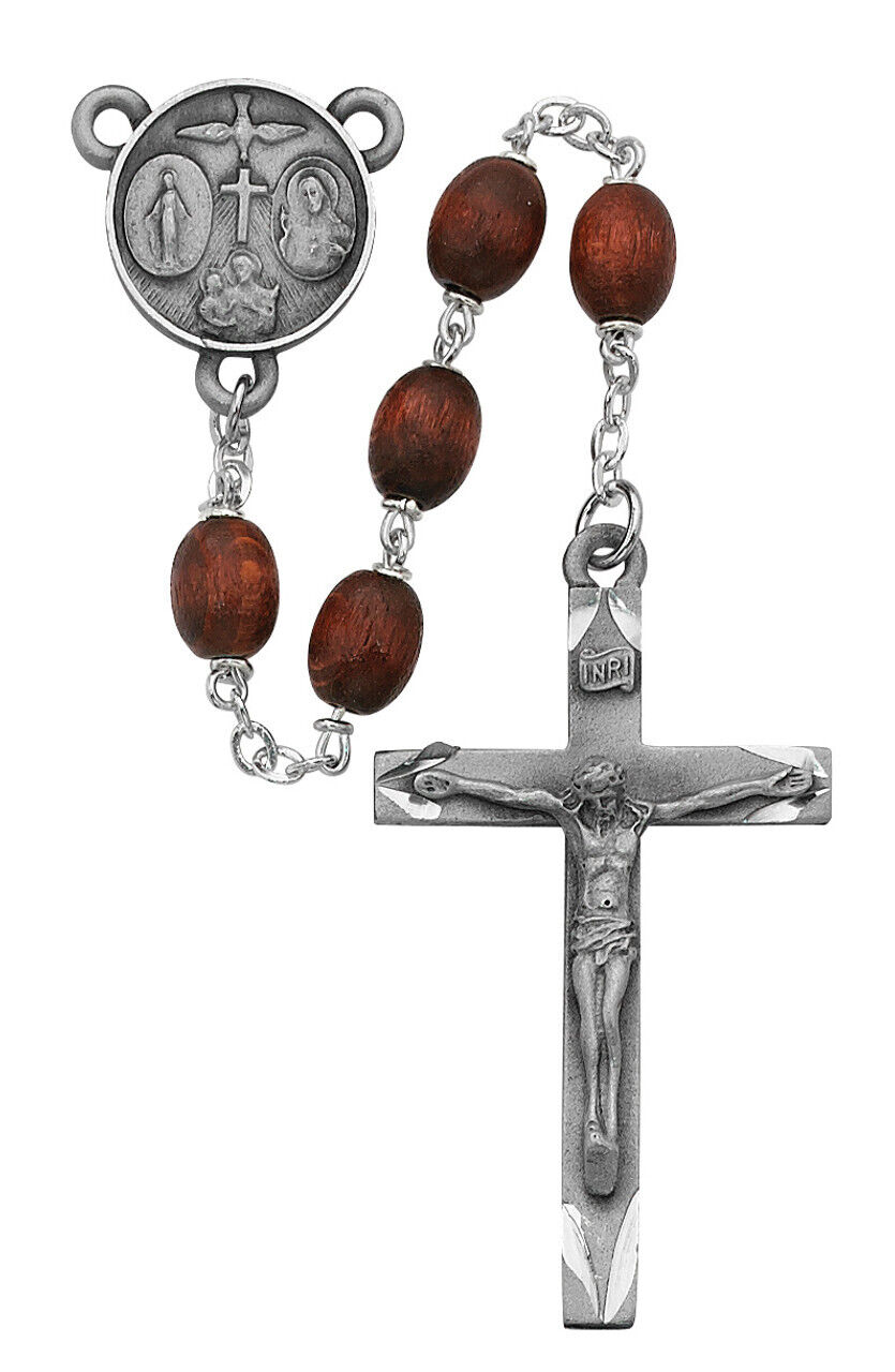Brown Wood Oval Bead Rosary Pewter Center And Crucifix 8mm Beads Chruch Supplies