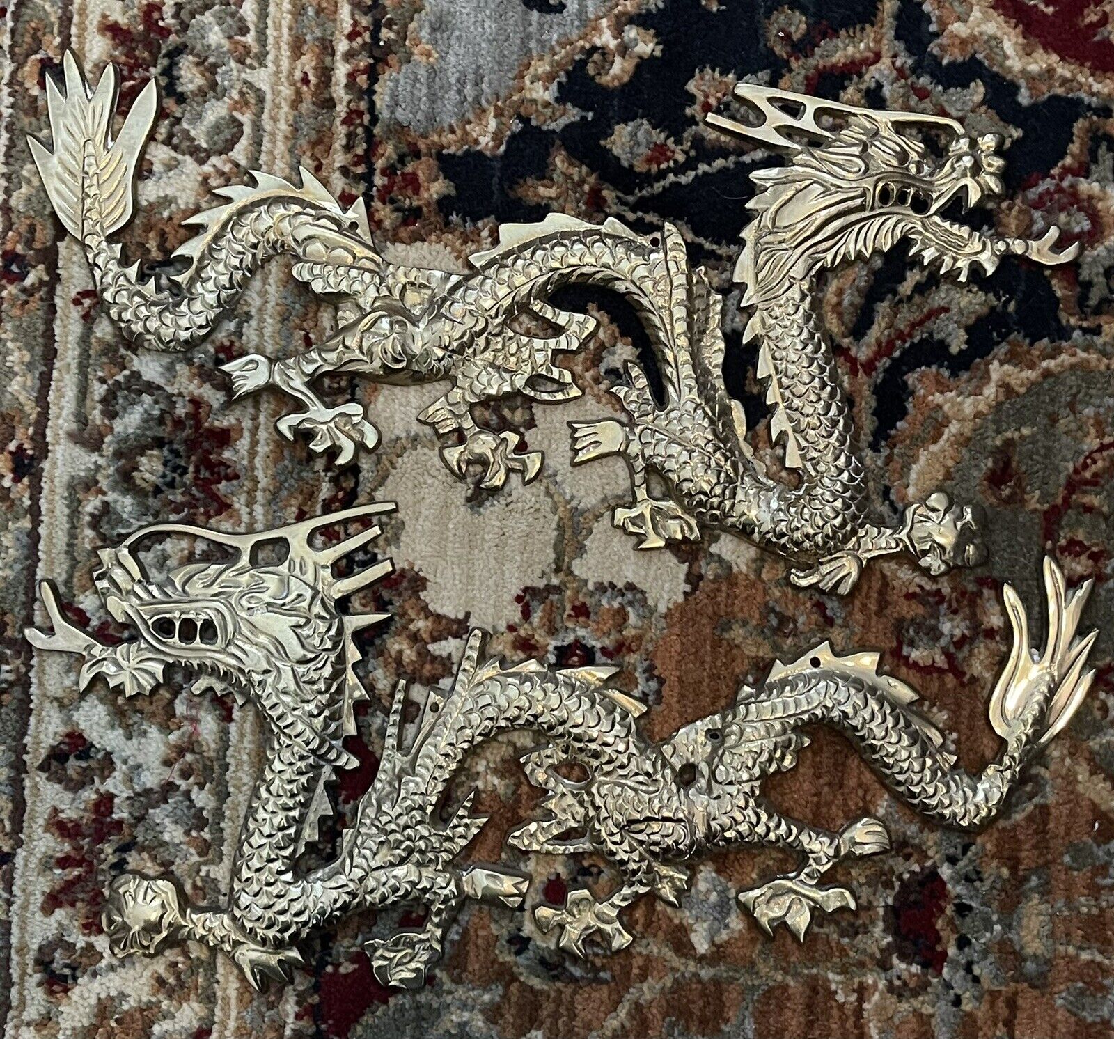 Solid Brass Dragon Wall Hanging Sculpture Set of 2, Asian- Oriental Decor