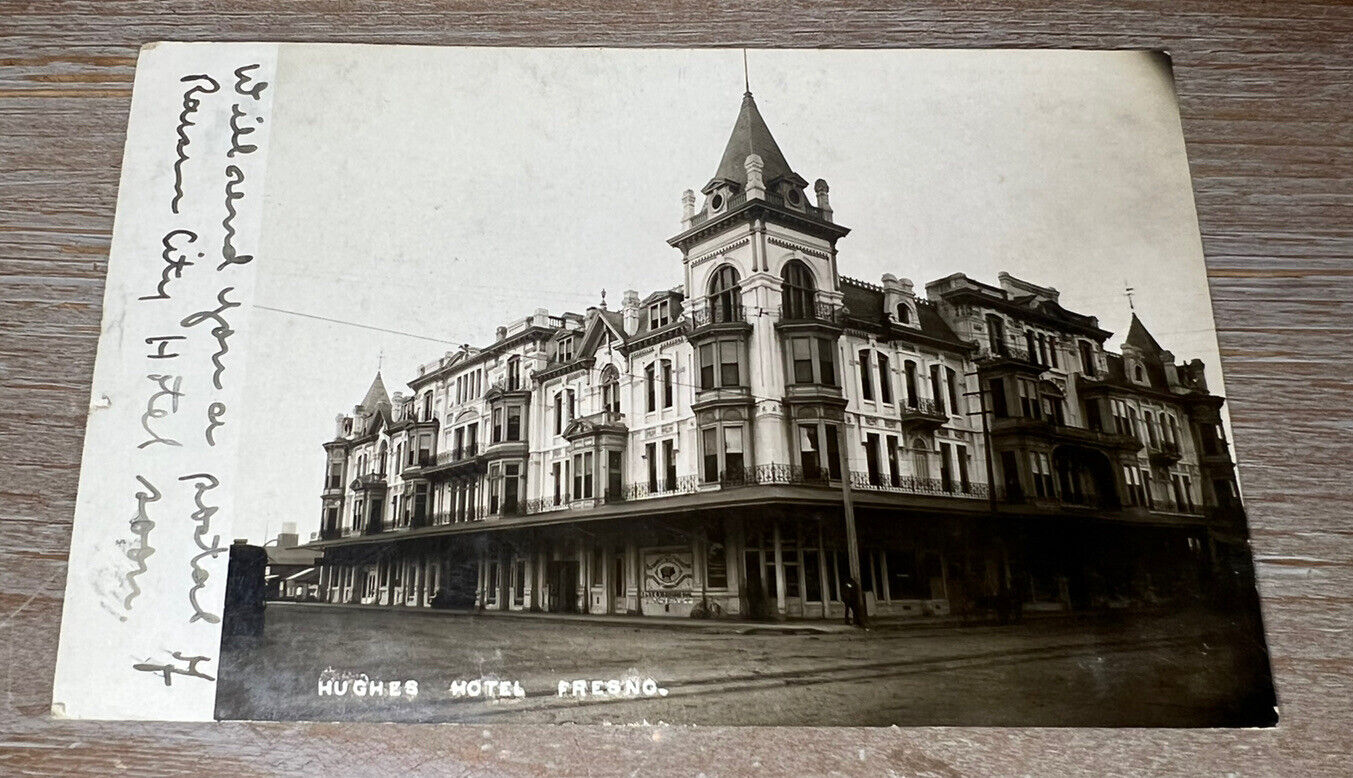 RARE Antique Post Card Hughes Hotel Fresno 1908 RPPC Real Photo George Besaw