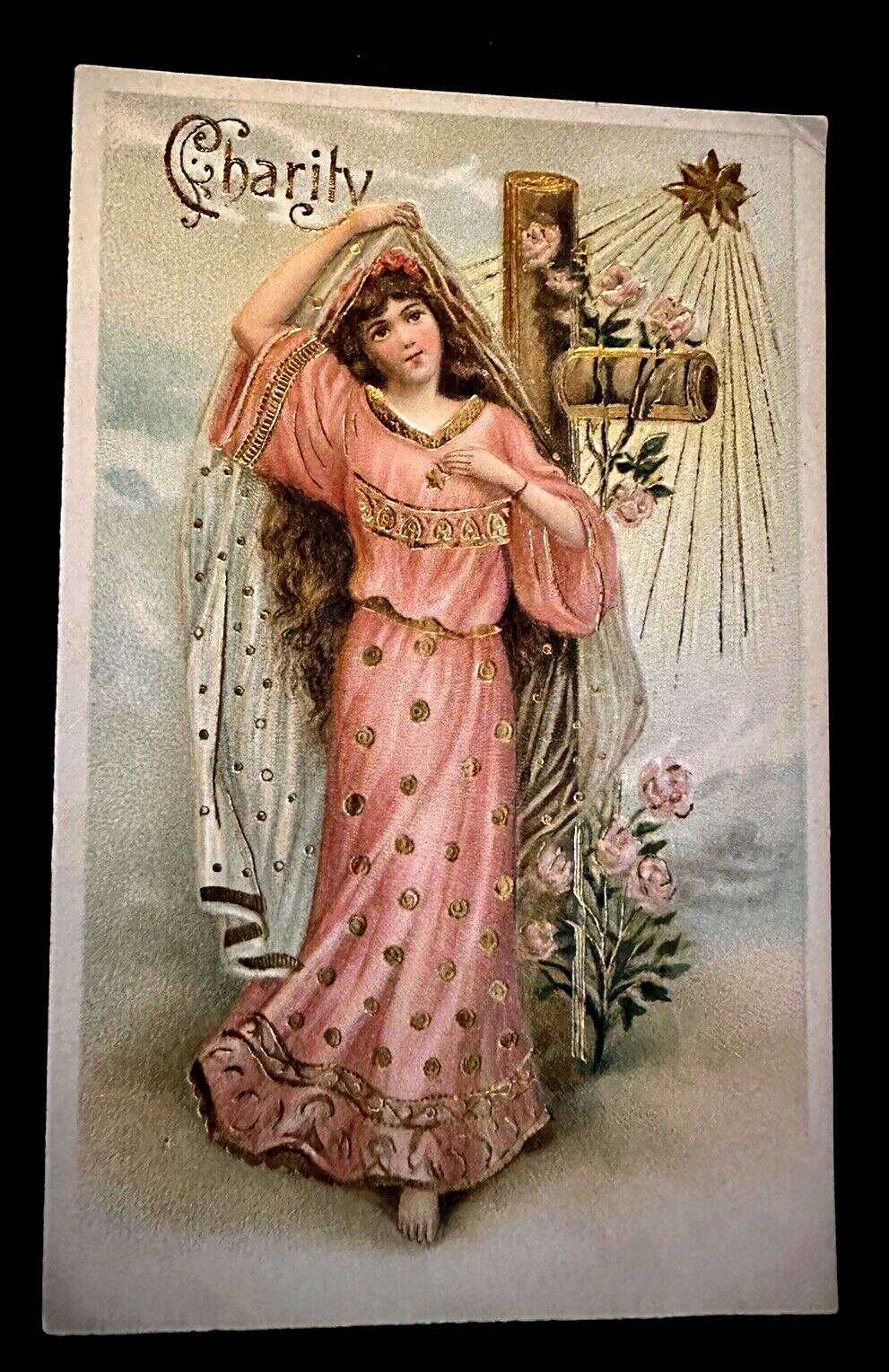 Angel of Charity with Cross~Star~Flowers~Antique Embossed Greeting Postcard~h914