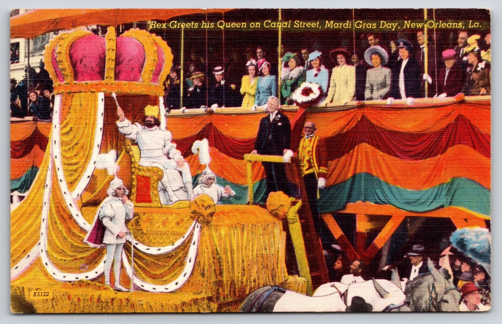 New Orleans Louisiana~Mardi Gras~Rex Greets Queen~Canal Street~Linen Postcard