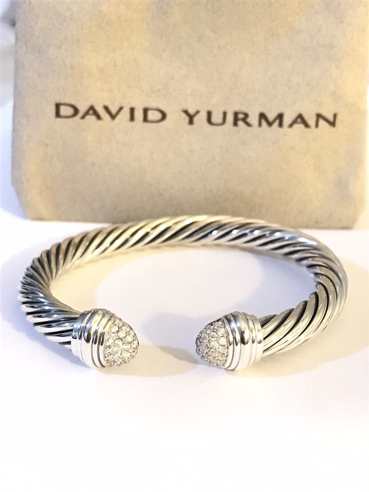 David Yurman Sterling Silver 7mm Cable Classic Diamond Tip Cuff Bracelet