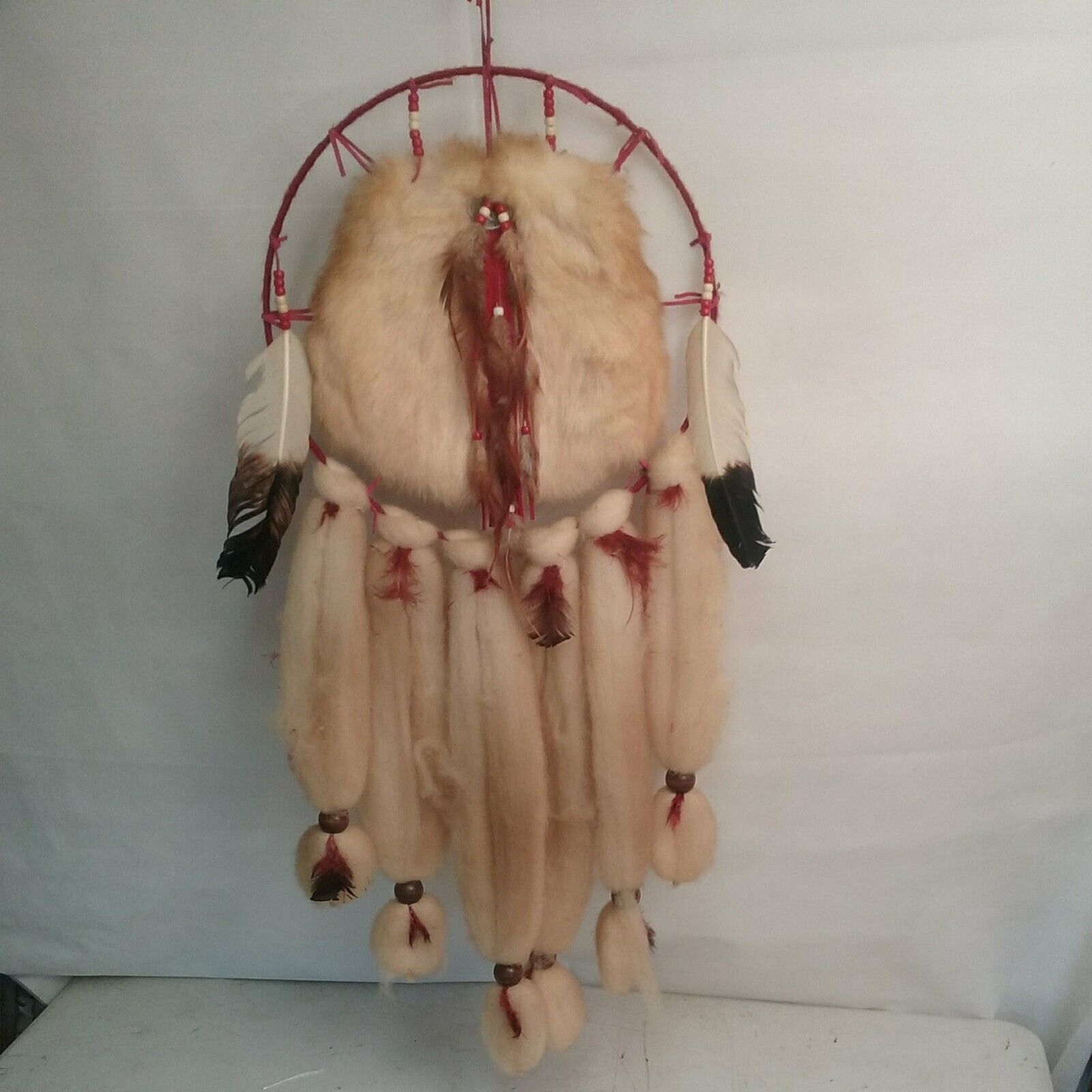 Vintage Dream Catcher Fur/Wool/Feathers/Beads 34in x 18in