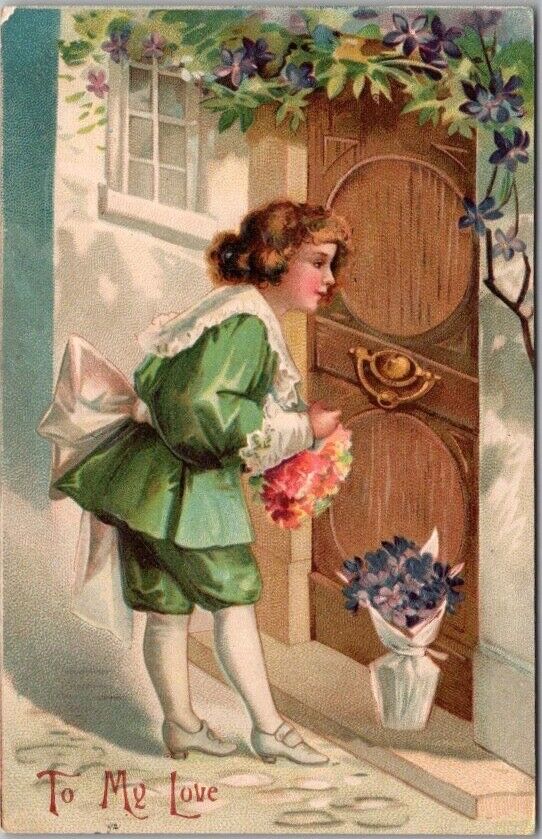 c1910s VALENTINE\'S DAY Embossed Postcard Boy at Door w/ Flowers \