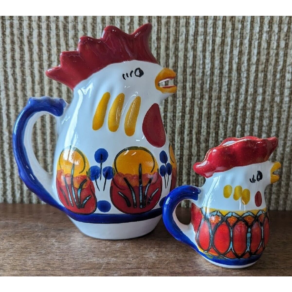Vintage La Giara Chicken Rooster Pitchers, Hand Painted, Set of 2, Colorful, GUC
