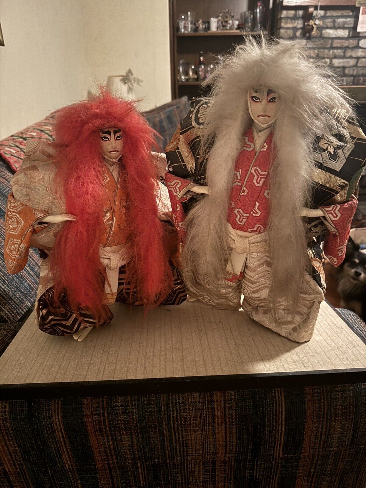 Vintage Rare Japanese Kabuki Dolls On Stand 