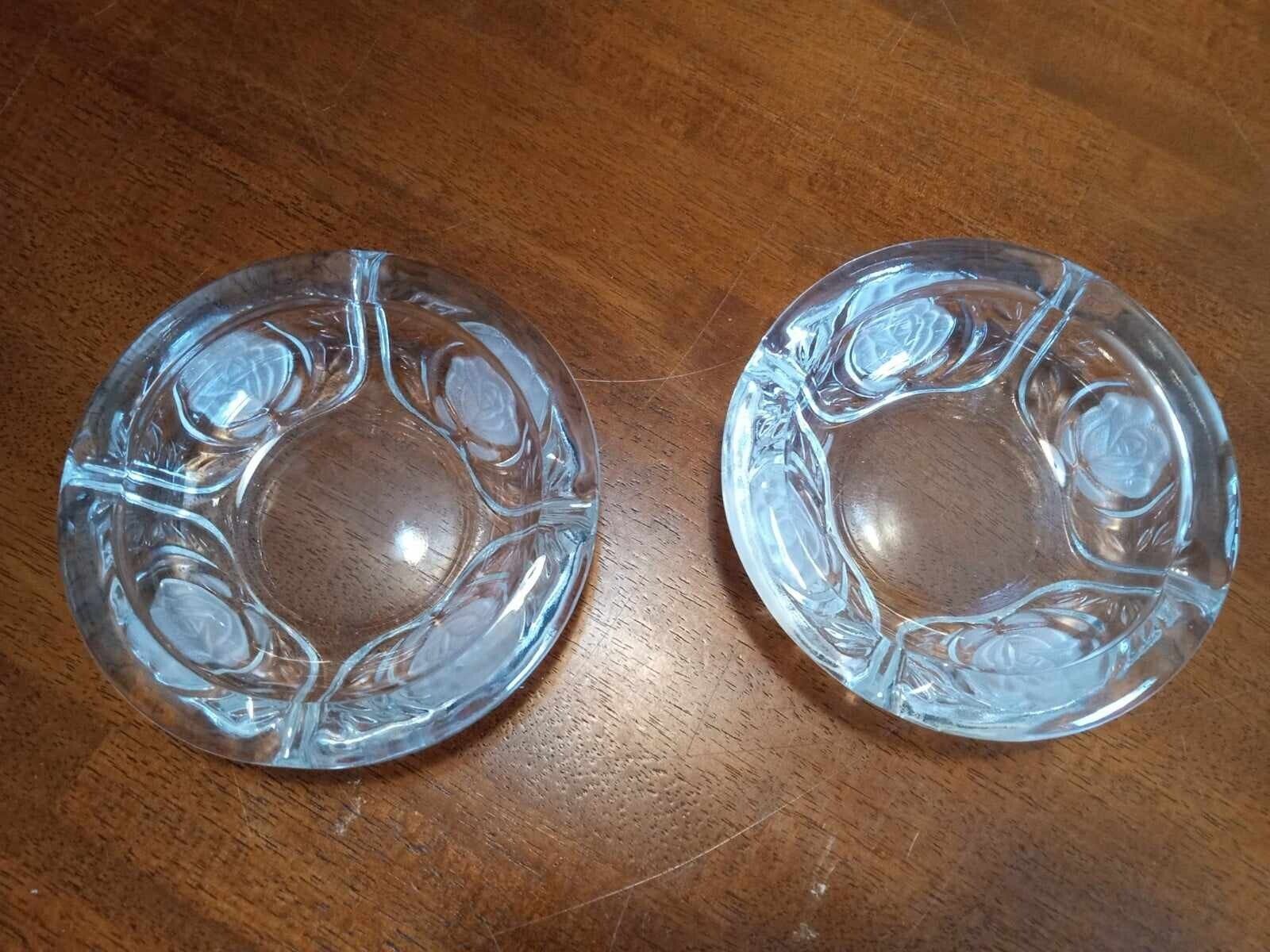 Two Vintage KIG Indonesia Clear Glass Ashtrays With Cut Frosted Rose Design