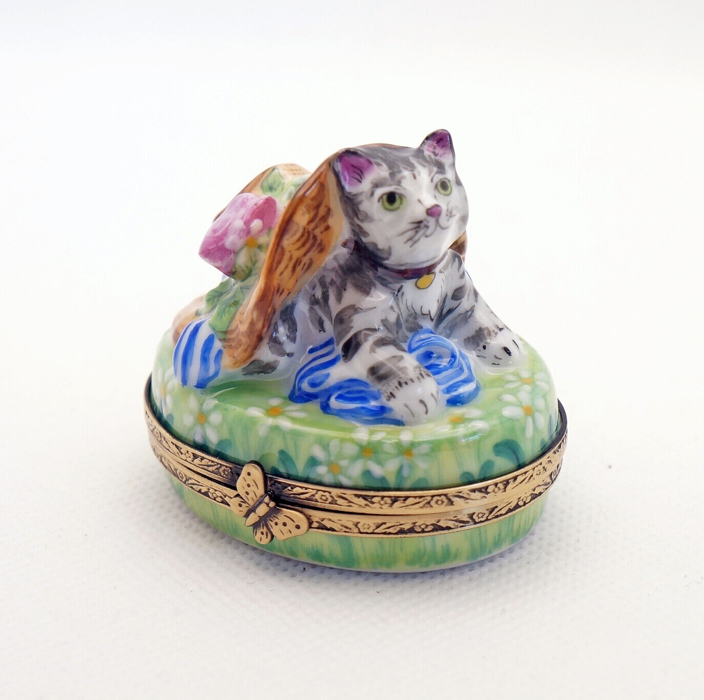 New French Limoges Trinket Box Tiger Striped Tabby Kitty Cat under Amazing Hat