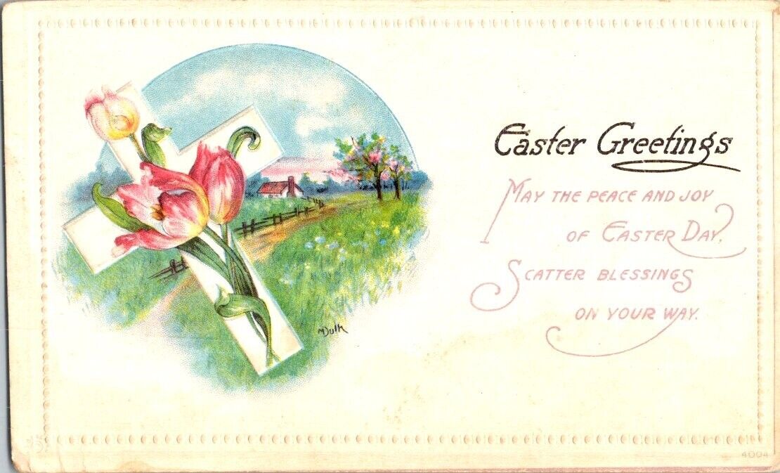 Vintage Postcard Easter Greetings Cross Tulips Cottage Signed Artist M. Dulk