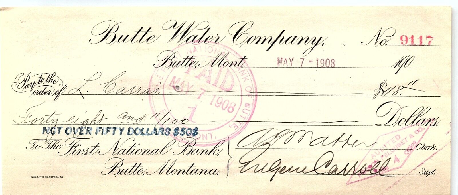 1908 BUTTE MONTANA  BUTTE WATER COMPANY FIRST NATIONAL BANK CHECK Z1621