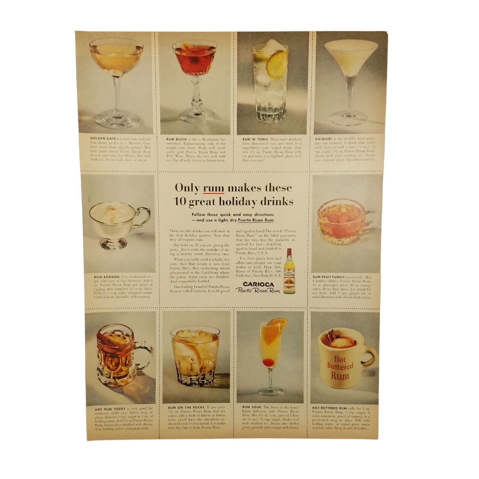 1953 Carioca Puerto Rican Rum Vintage Print Ad 10 Great Holiday Drinks Recipes