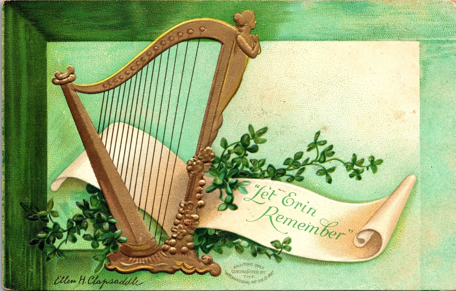 Clapsaddle St. Patrick\'s Day Postcard Celtic Harp Shamrocks Let Erin Remember