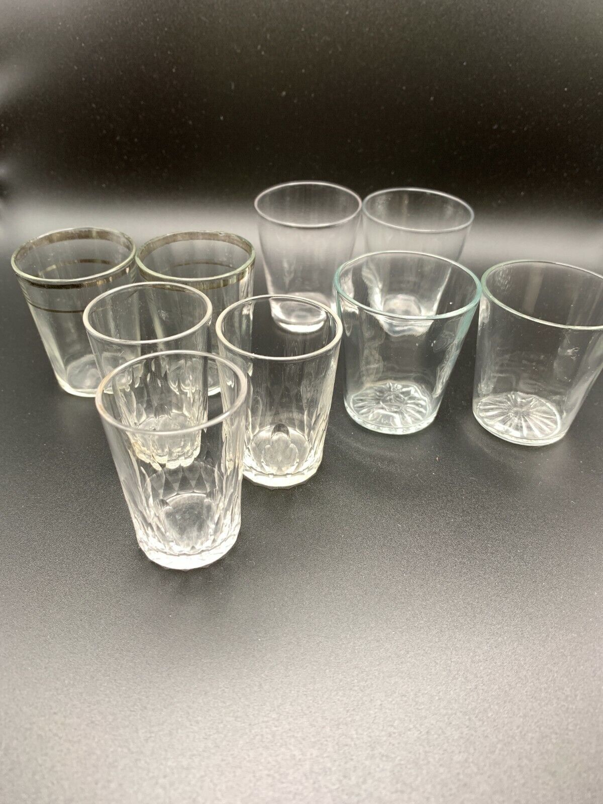 Antique clear glass 9 shot glasses clear glass assortment fine cut some crystal
