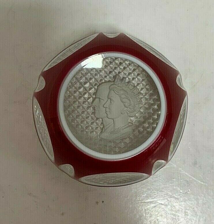 RED BACCARAT QUEEN ELIZABETH AND PRINCE PHILIP CORONATION PAPERWEIGHT