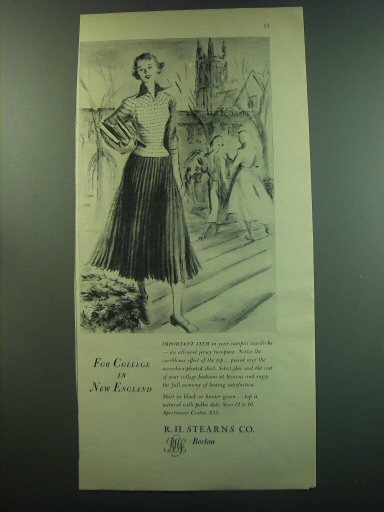 1949 R.H. Stearns Jersey Two-Piece Skirt and Top Ad - For College in New England