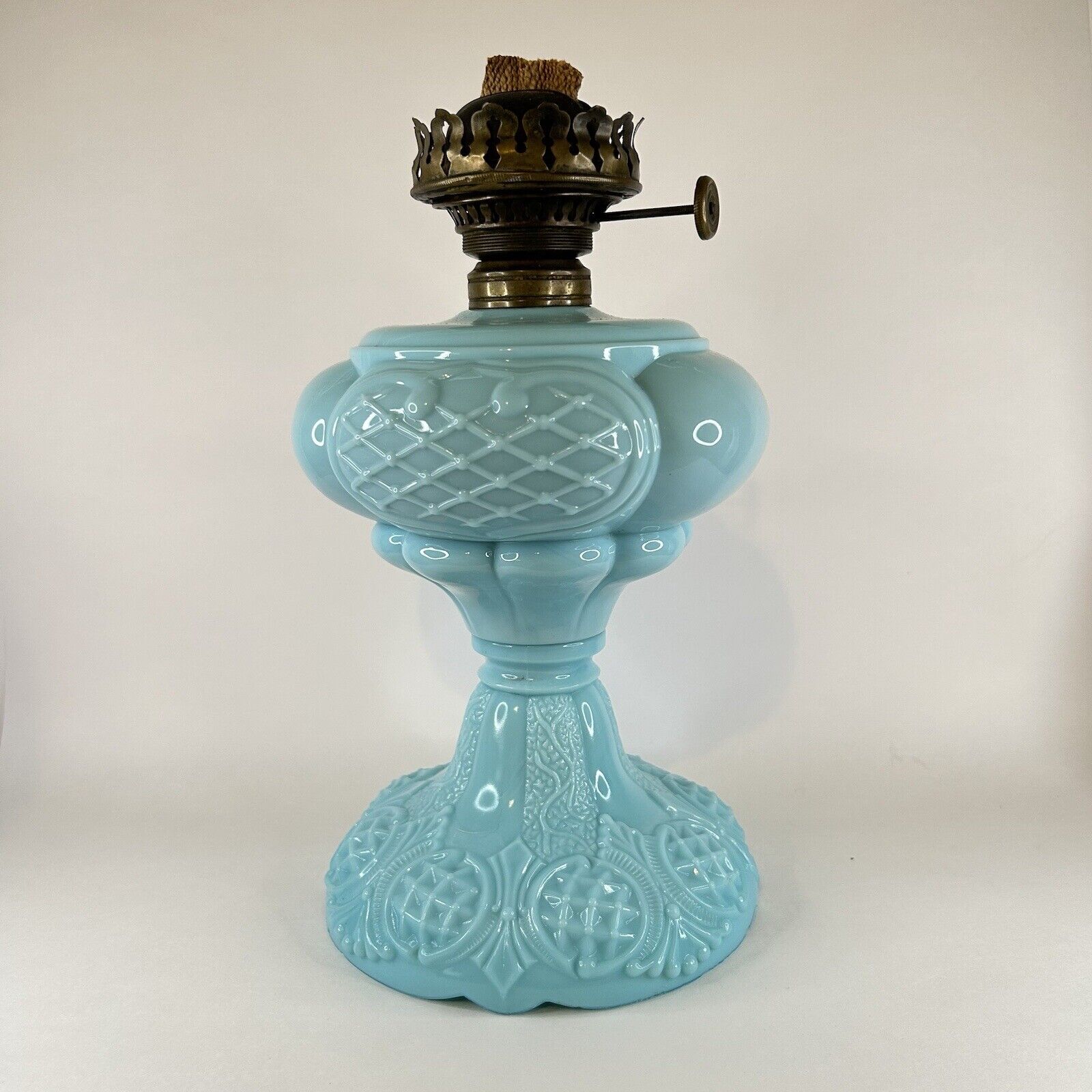Antique Prince Edward Blue Opaline Glass Oil / Kerosene Sewing Lamp w/ Burner