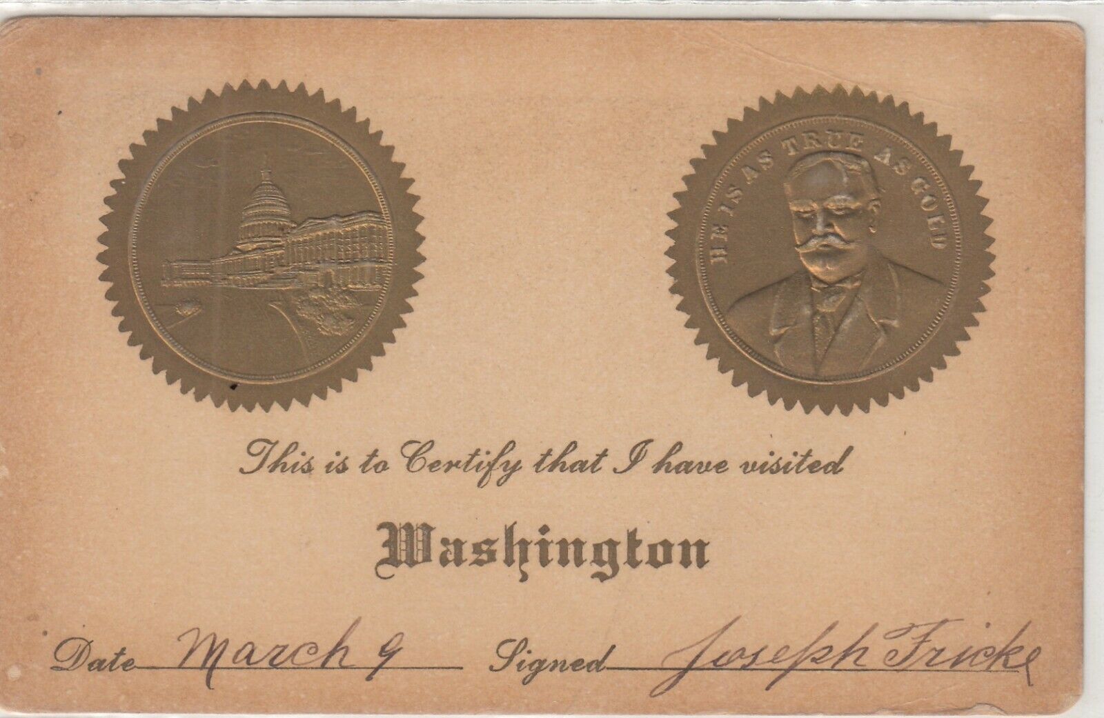 Rare 1909 Postcard - I have Visted Washington D.C. - signed Joseph Fricke 
