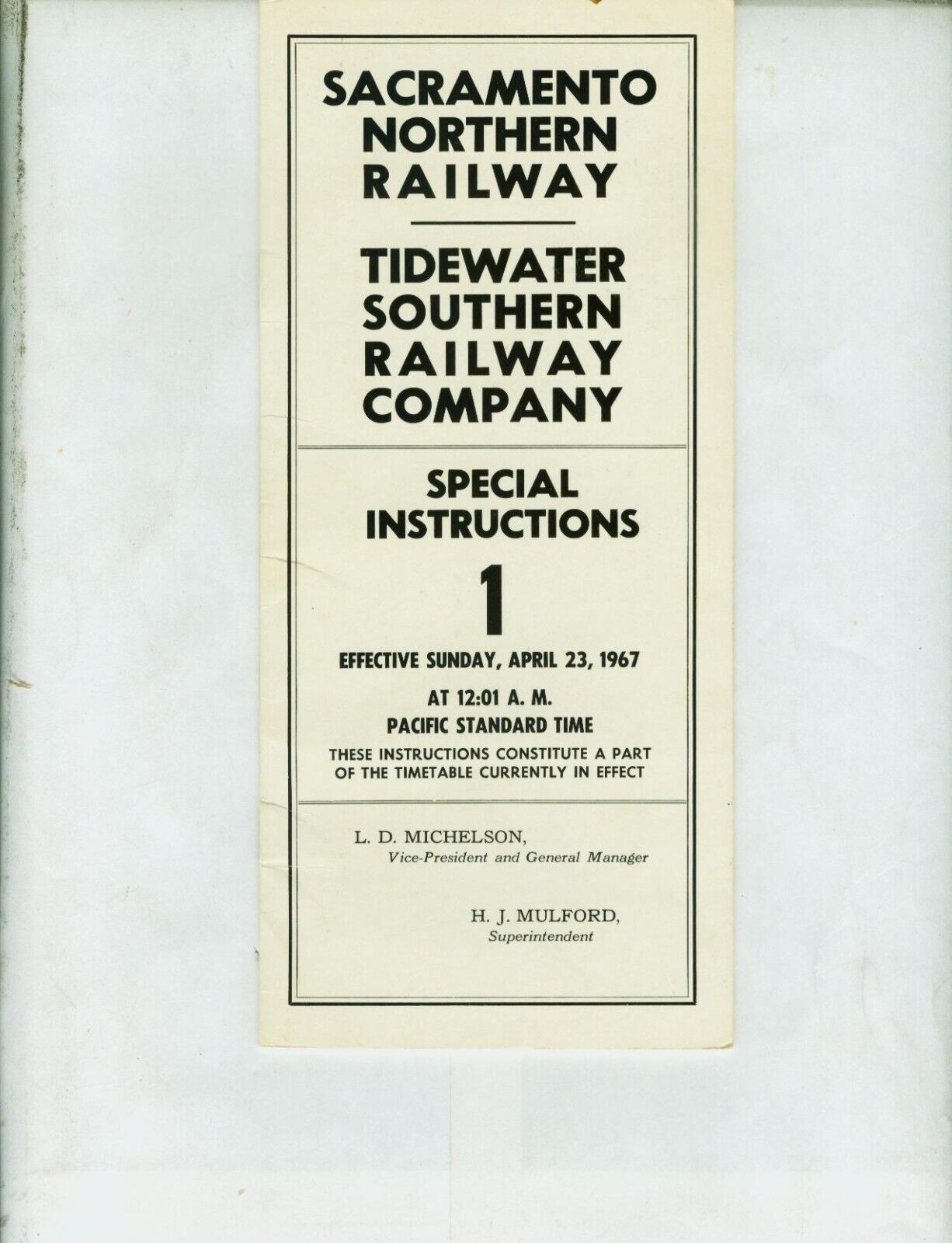 SACARMENTO NORTHERN - TIDEWATER SOUTHERN RY. ETT TIMETABLE SYSTEM #1  4-23-1967.