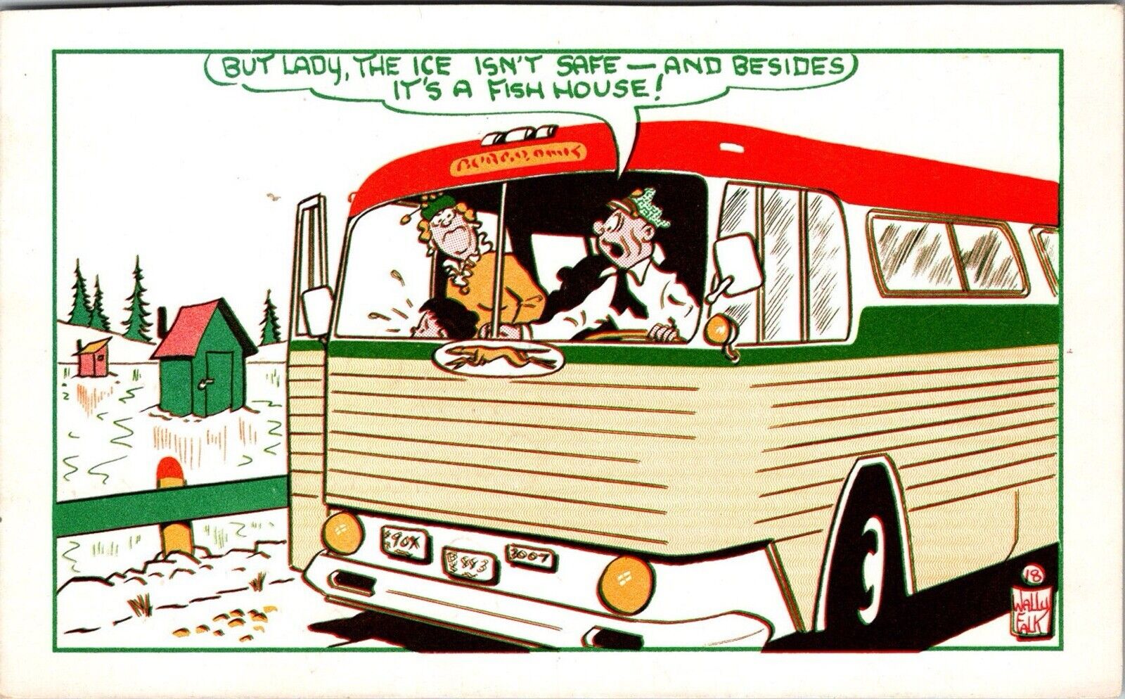 Greyhound Bus 1955 Comic Art Postcard Artist Signed Wally Falk JD2