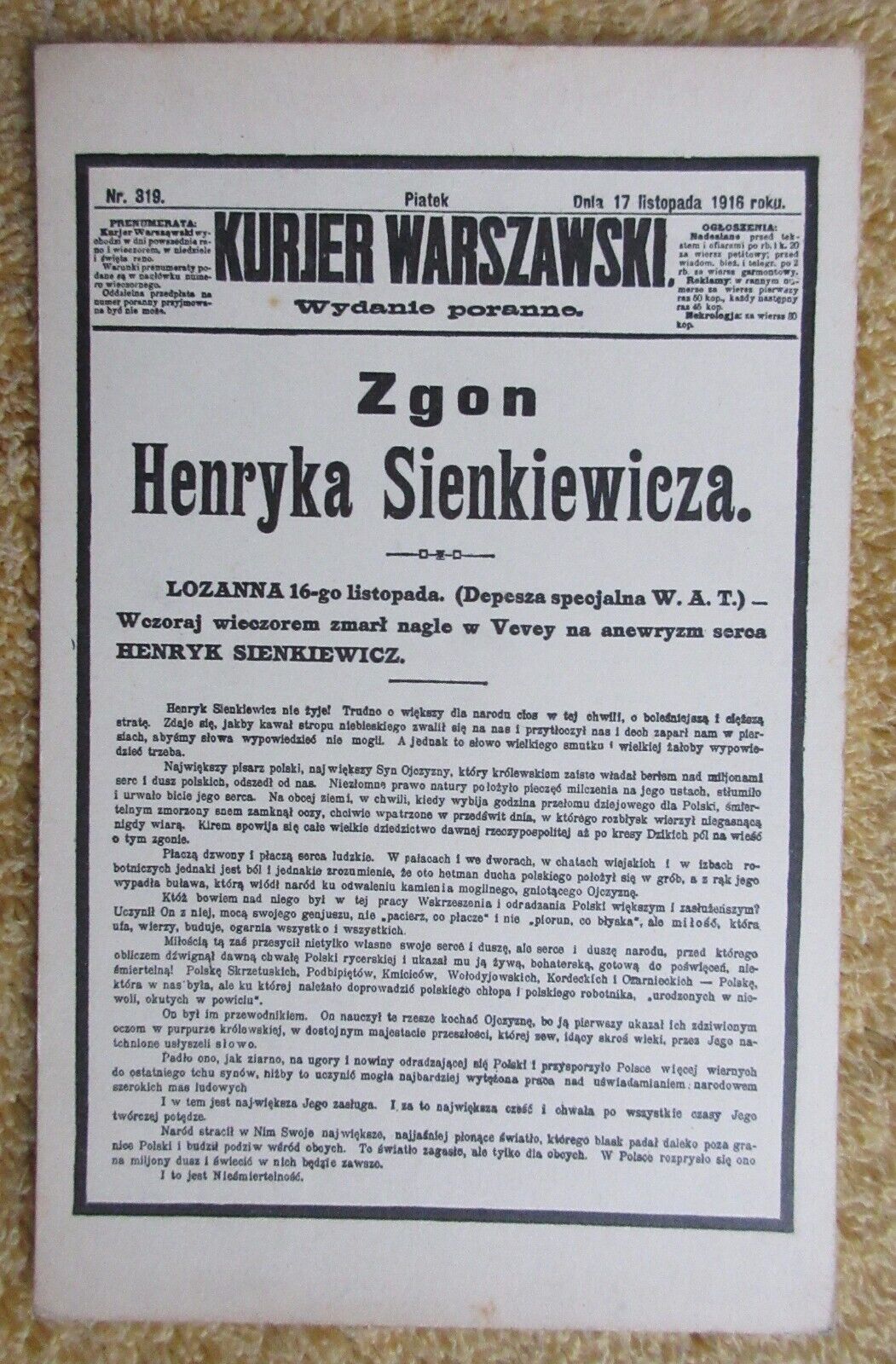 VINTAGE DEATH NOTICE POSTCARD - POLISH WRITER HENRYKA SIENKIEWICZA