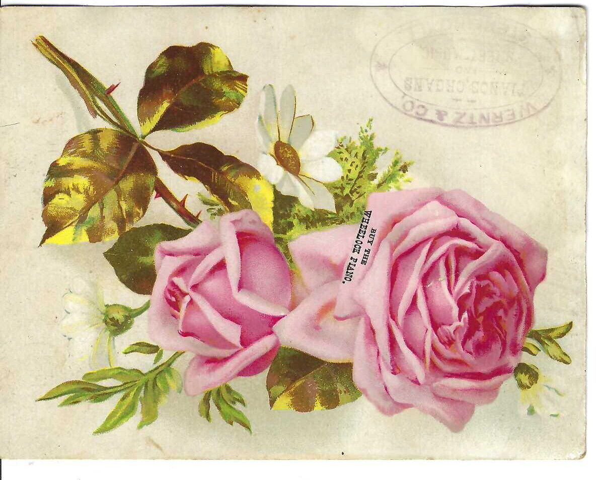 AL-007 NY New York Wheelock Pianos Pink Roses Victorian Advertising Trade Card