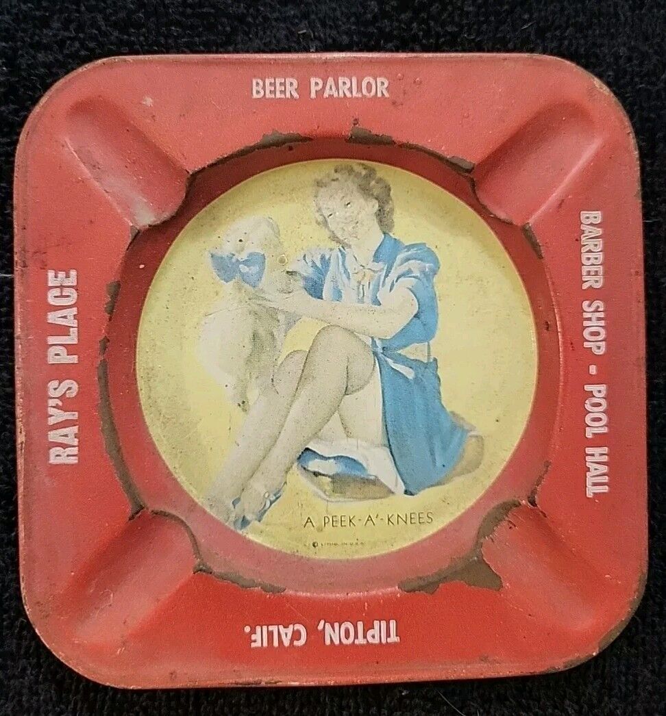 Vintage Risque Advertising Pin Up Ashtray Tin Tipton CA, Ray\'s Place