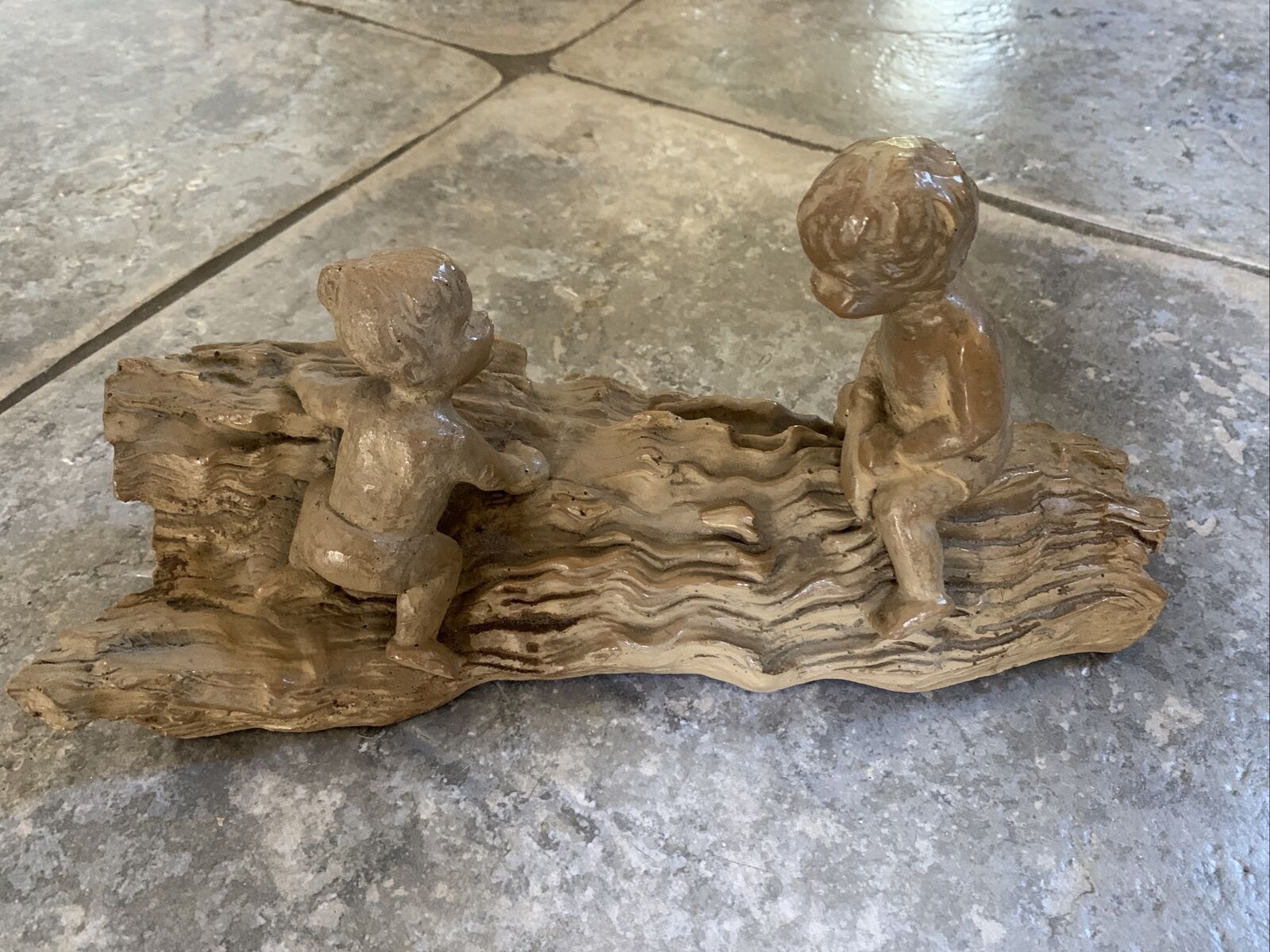 Vtg Haeger Pottery M.Strubel Resin Sculpture 2 Children On A Fallen Tree
