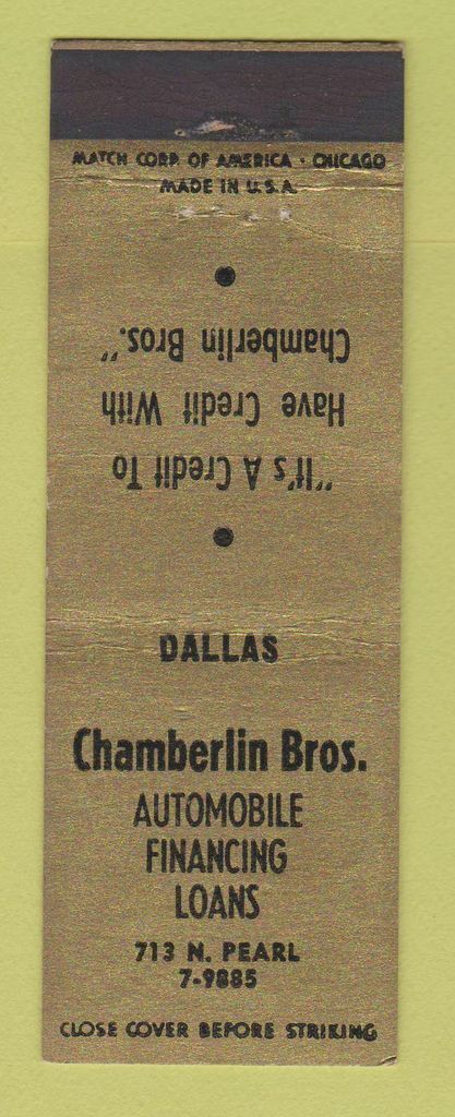 Matchbook Cover - Chamberlin Bros Auto Financing Dallas TX