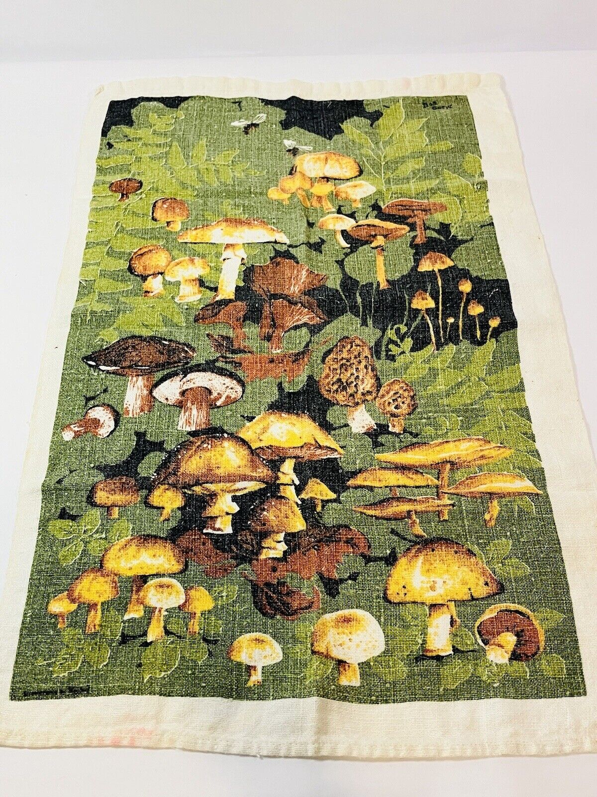 Vintage TEA Towel Linen Bob Goryl Mushrooms MCM Dish Cloth Retro 24x15