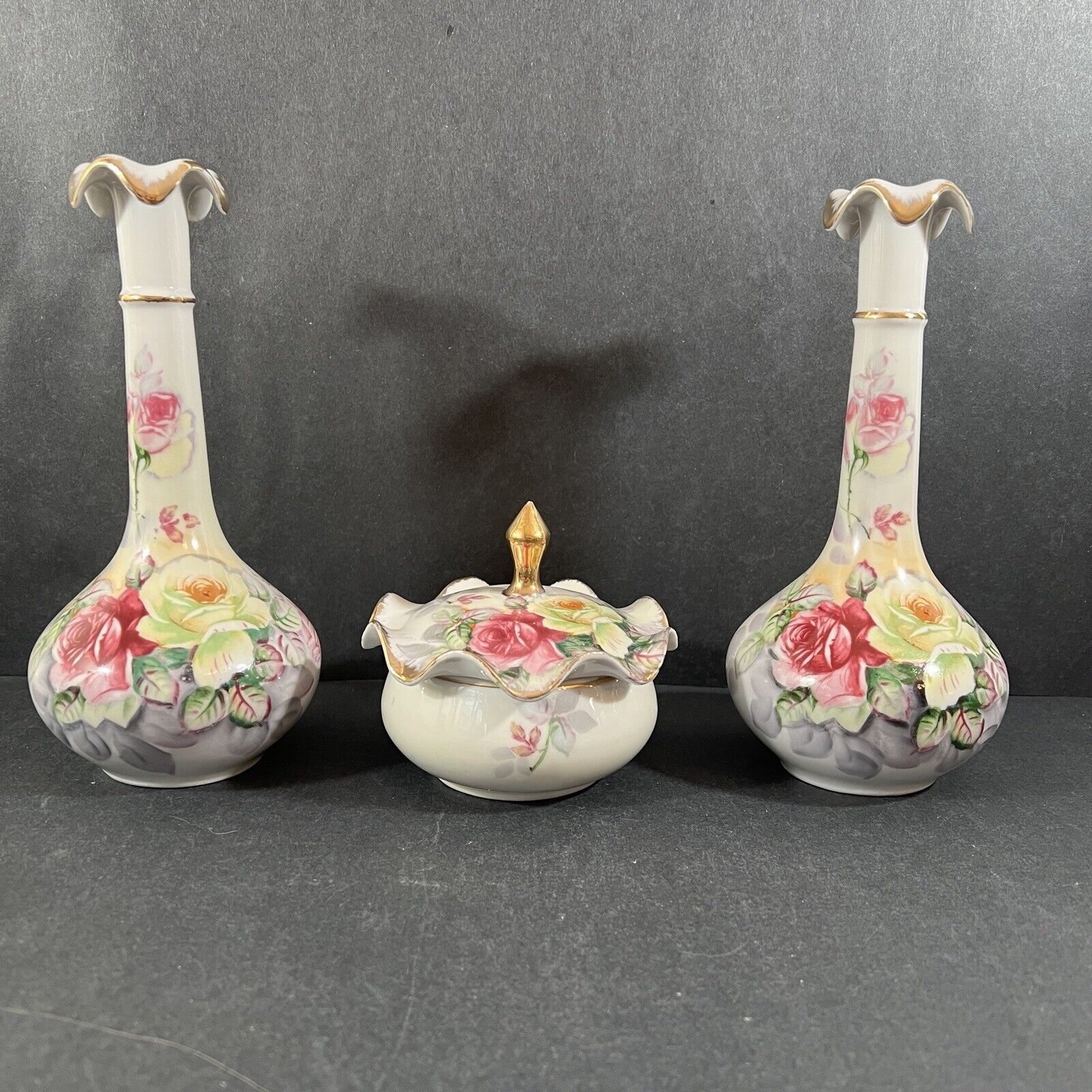 Vintage 3 Piece Vanity Set Arnart Japan Porcelain 1950s Powder Jar Vases Roses