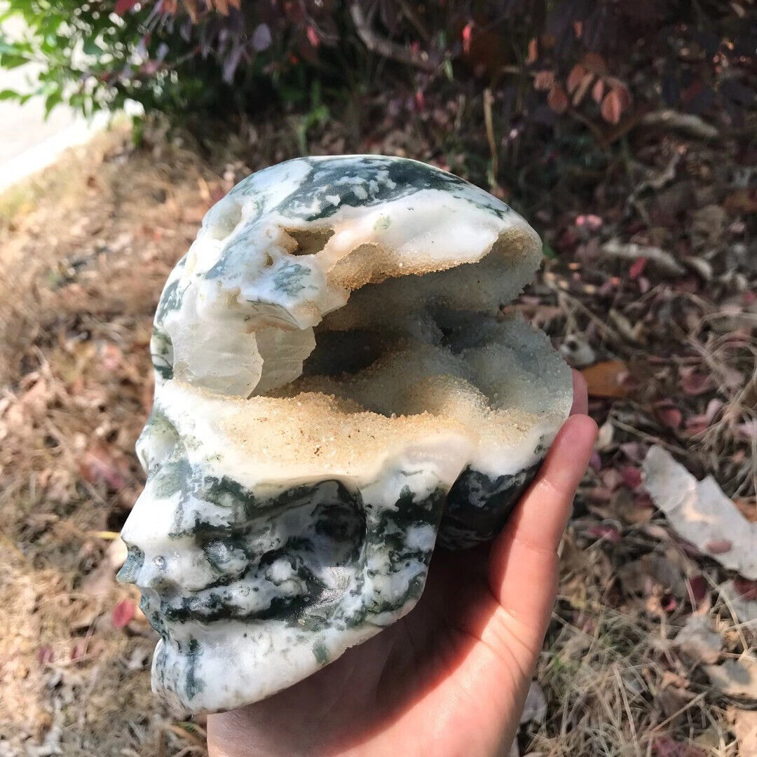 TOP 4.43lb Natural Moss Agate Geode Quartz Hand Carved Crystal Skull Reiki Decor