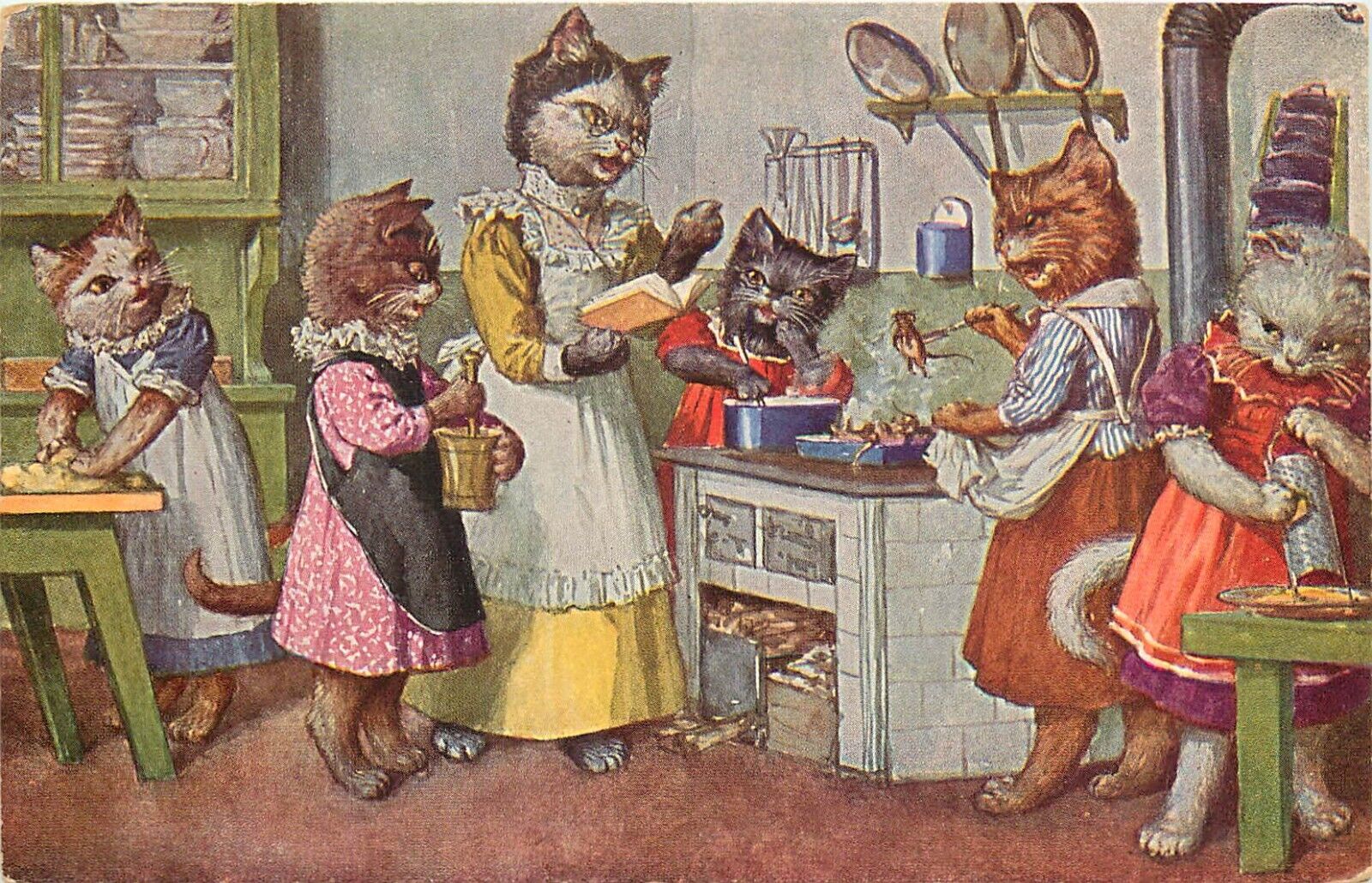 Tuck Postcard Life in Catland 3435 Arthur Thiele Dressed Cats Cooking Lessons