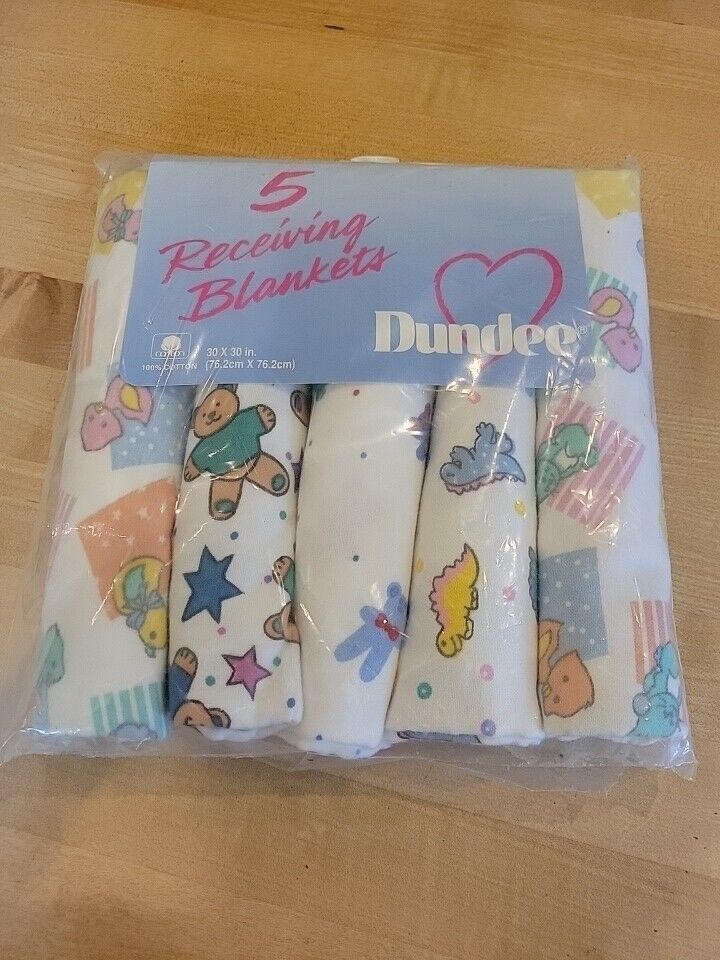 RARE Dundee 100% Cotton Baby Receiving Blankets 5 Pack Teddy Dinos Ducks NOS Vtg