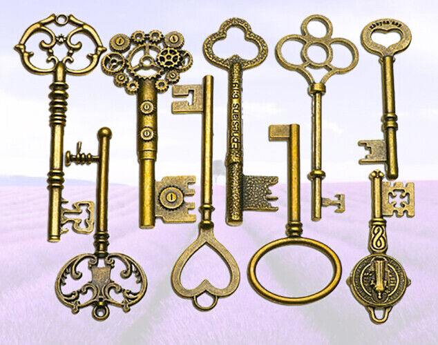 Hot 9pcs Keys BIG Large Antique Vintage Brass Skeleton Lot Cabinet Barrel Lock
