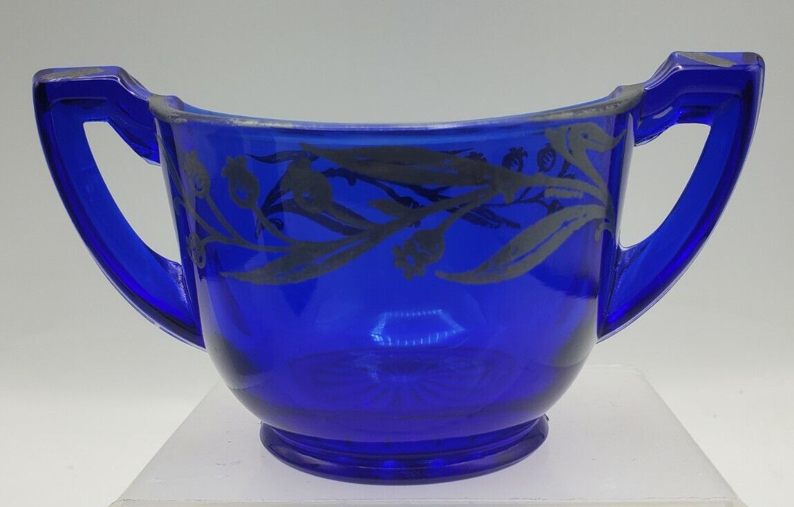 Vintage Cobalt Blue Glass Open Sugar Bowl Sterling Silver Overlay Double Handle