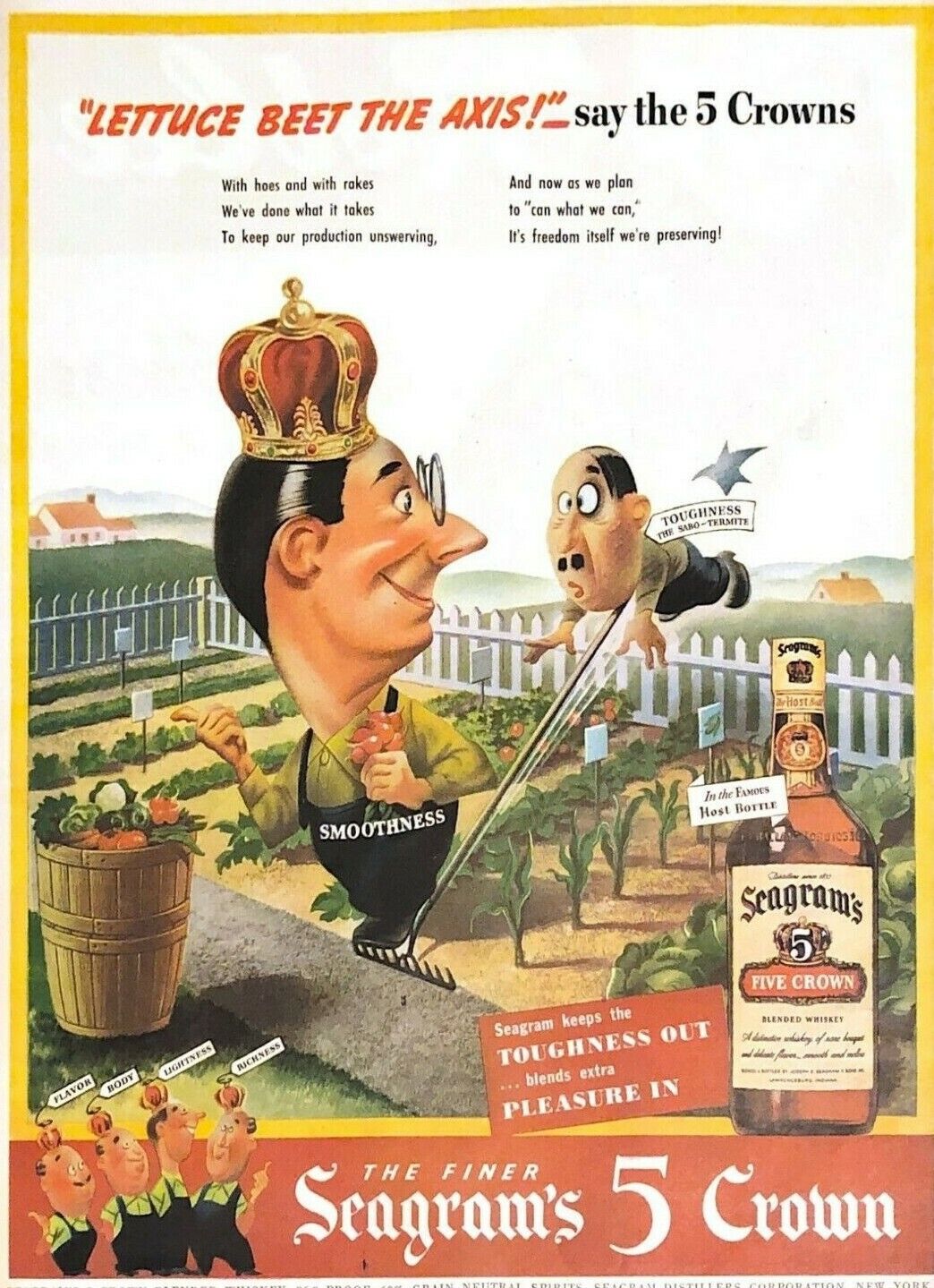1943 Seagram\'s Vintage Print Ad WWII 5 Crowns Lettuce Beet The Axis 