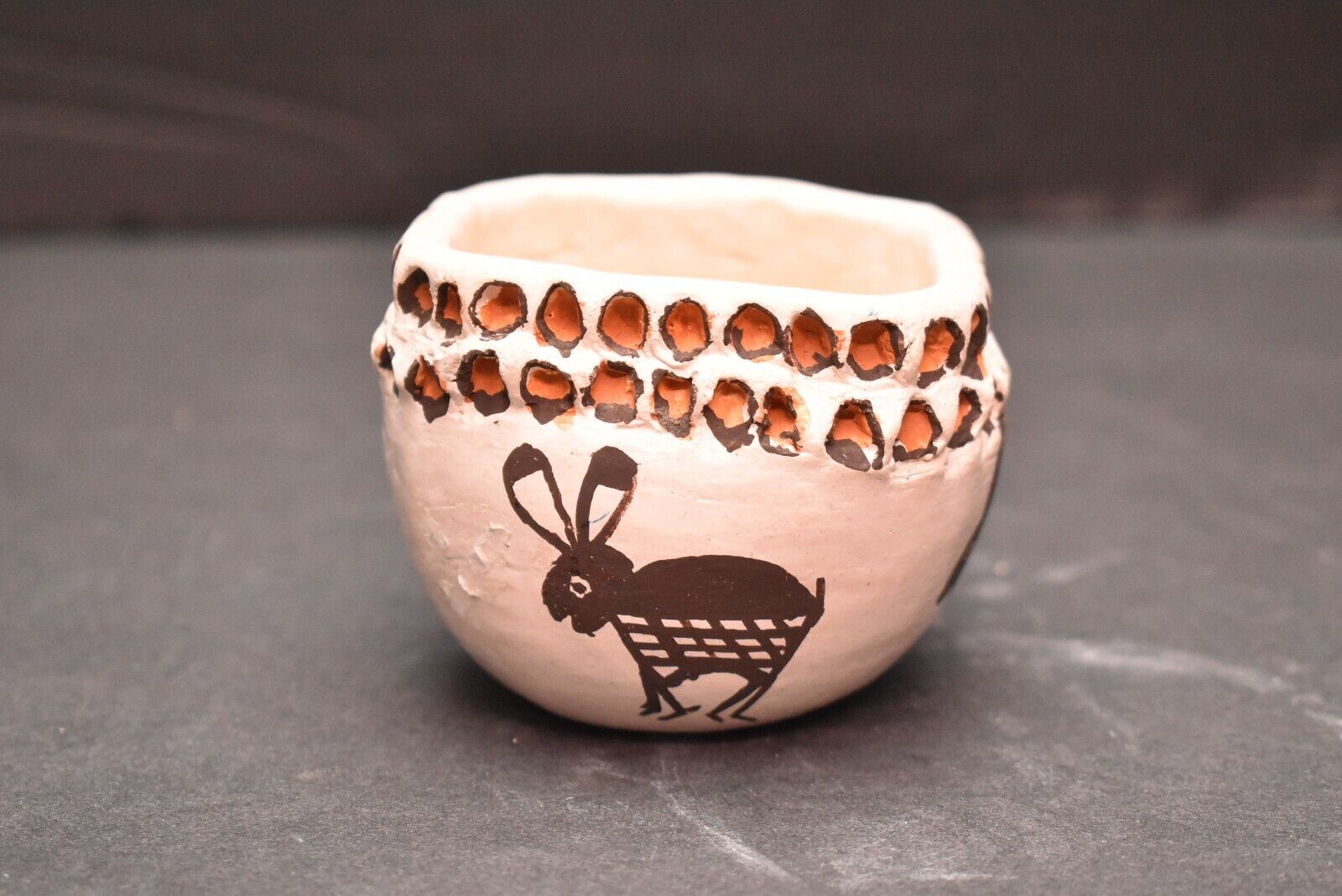 ATQ Acoma Pueblo Native American Indian Rabbit Pottery Pictorial Pot Bowl VTG