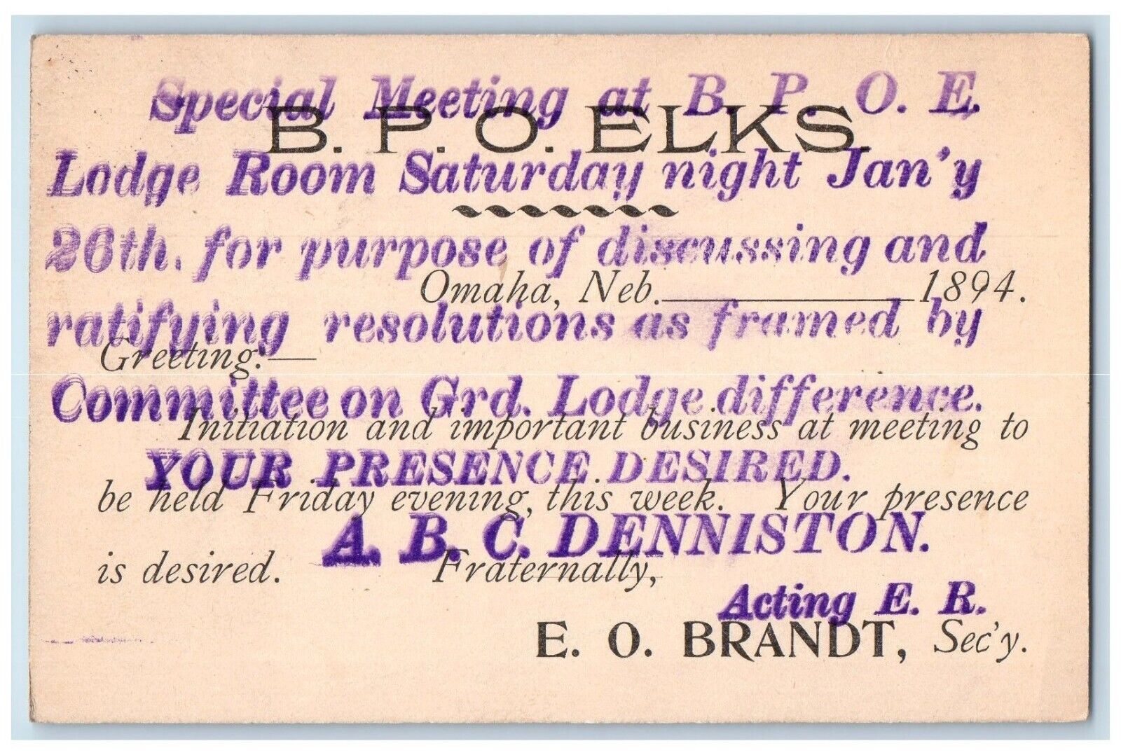 c1880's B.P.O. Elks Special Meeting at Lodge Room Omaha Nebraska NE Postal Card