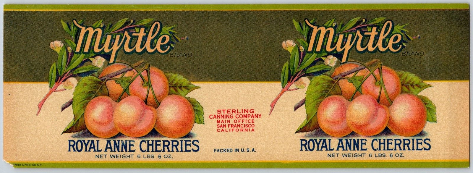 Royal Anne Cherries Myrtle Brand Sterling Canning Co. Paper Can Label - c1930\'s