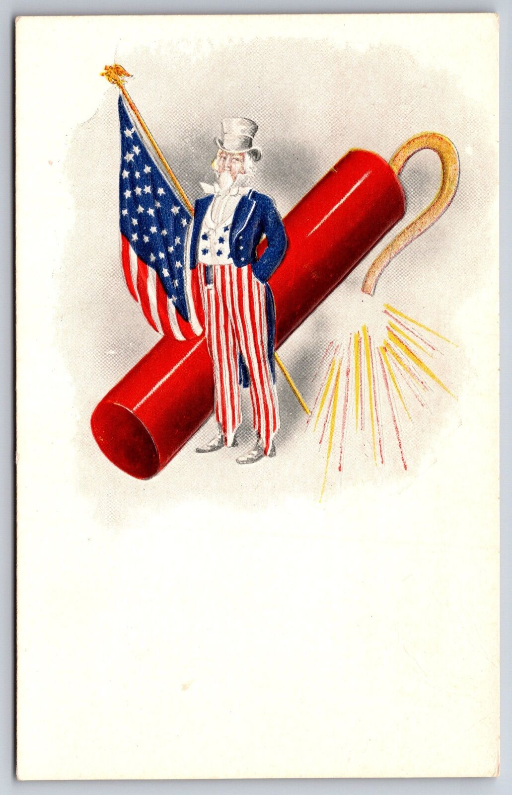 Patriotic July 4th~Uncle Sam & Flag In Front Of Giant Firecracker~Embossed~c1905